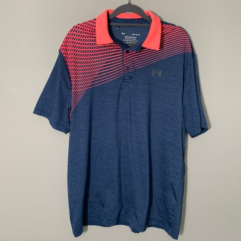 Under Armour Mens Playoff Polo Shirt Navy Blue Coral Pink Large Geometric Golf
